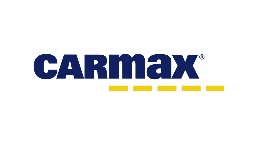 Dark blue CarMax text accompanied by a horizontal row of five yellow dashed lines against a white background.