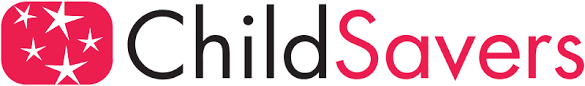 ChildSavers logo. Nonprofit empowering children and families. Red square with white stars, black Child, red Savers.