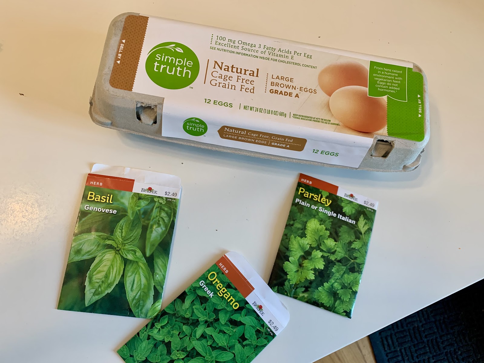 Eggs, basil, oregano, and parsley seeds. Bugs in the Garden concept.