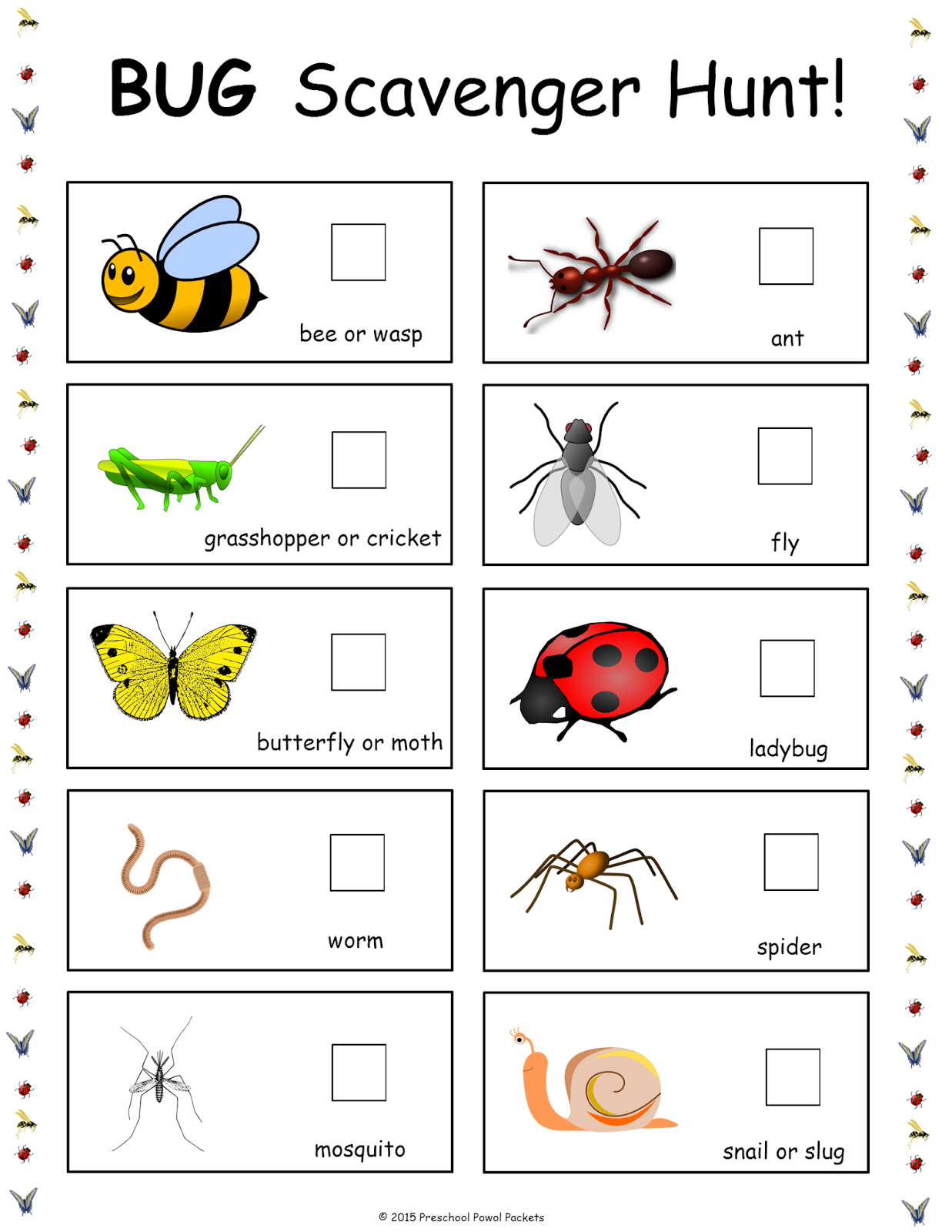 Bug scavenger hunt checklist with bee, ant, grasshopper, fly, butterfly, ladybug, worm, spider, mosquito, snail, and slug.