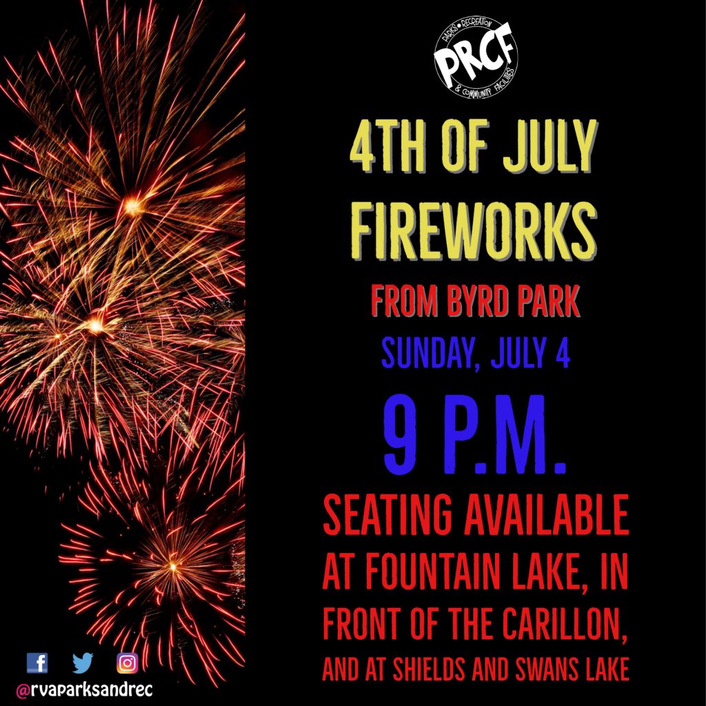 4th of July fireworks display at Byrd Park. Red and gold fireworks explode in the night sky.