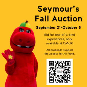 Seymour the mascot waves against a yellow background next to text details for the annual fall auction and a QR code.