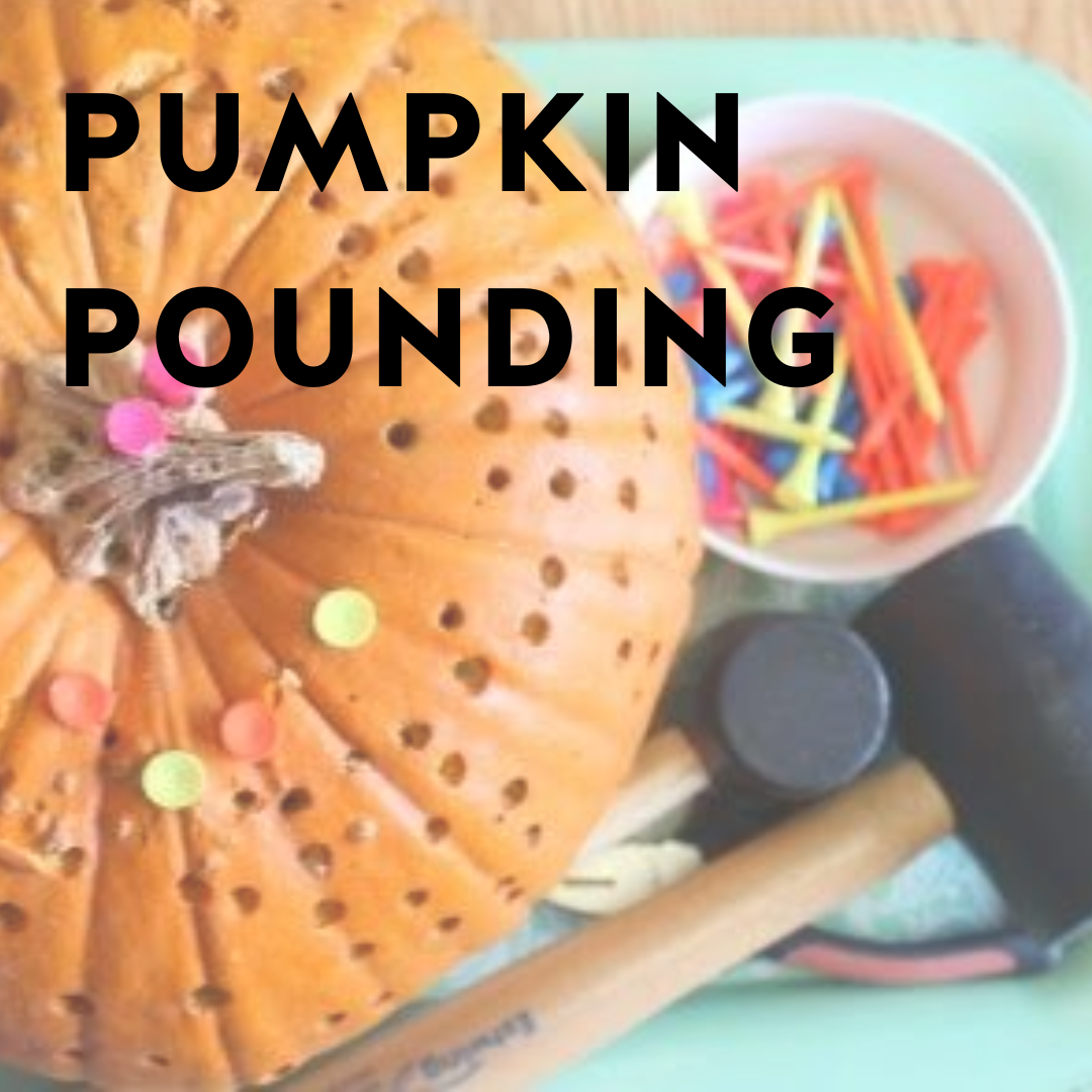 Pumpkin pounding activity. Pumpkin with holes, mallet, golf tees, and confetti. Make and Play Co-Lab activity.