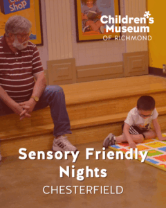 Sensory Friendly Nights at the Children's Museum of Richmond Chesterfield. Child on a mat, adult seated nearby.