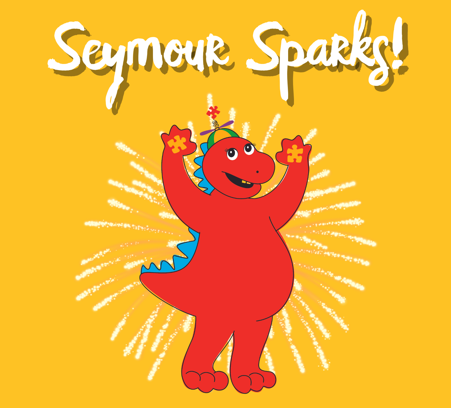 Seymour Sparks cartoon dinosaur character. Red dino with puzzle pieces and fireworks. Downtown event.