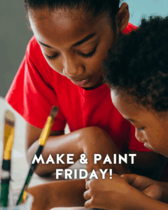 Two young children making tutus and capes at a Make and Paint Friday event in Chesterfield. Arts and crafts fun.