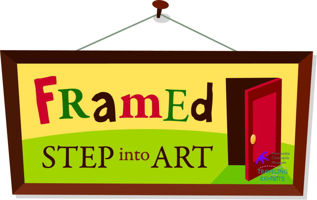 Framed: Step Into Art logo. Colorful sign with text and a doorway, inviting exploration of art.