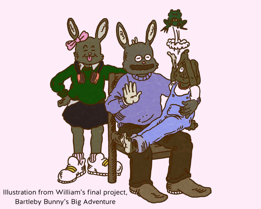 Creative in Residence: Monoprinting workshop, printmaking demo with bunny characters in illustration.