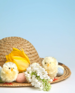Make Your Own Easter Bonnet! Straw hat with chicks, eggs, and flowers for a fun craft event.