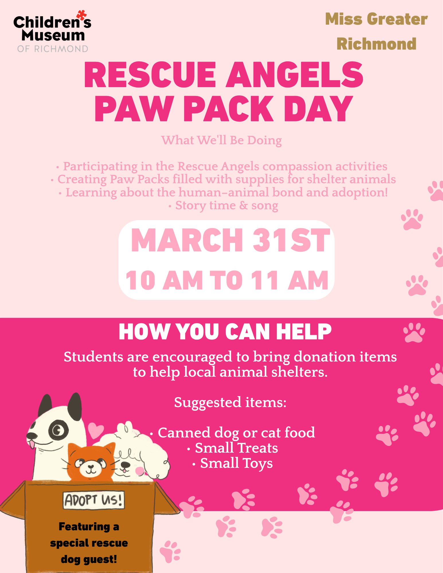 Rescue Angels Paw Pack Day flyer: Animals in a box, dog, cat adoption event. Help local animal shelters, March 31st downtown.