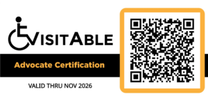 VisitAble Advocate Certification valid thru Nov 2026 with wheelchair symbol and QR code. Accessibility advocate program.