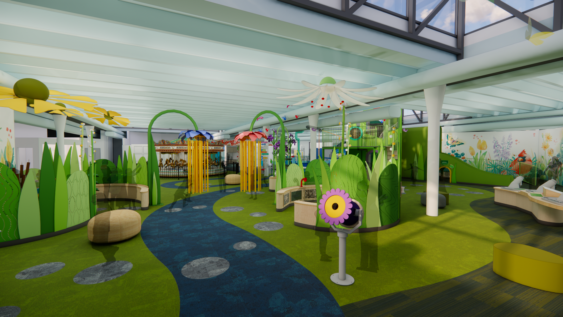 Dream Big Capital Campaign: Children's museum rendering with nature themed play area and interactive exhibits.