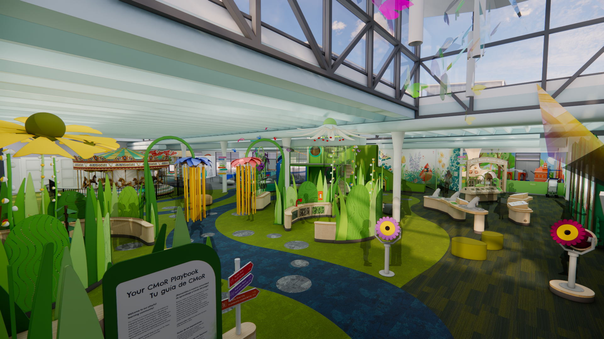 Dream Big Capital Campaign: CMOR children's museum rendering of imaginative indoor playground with flowers and play structures.