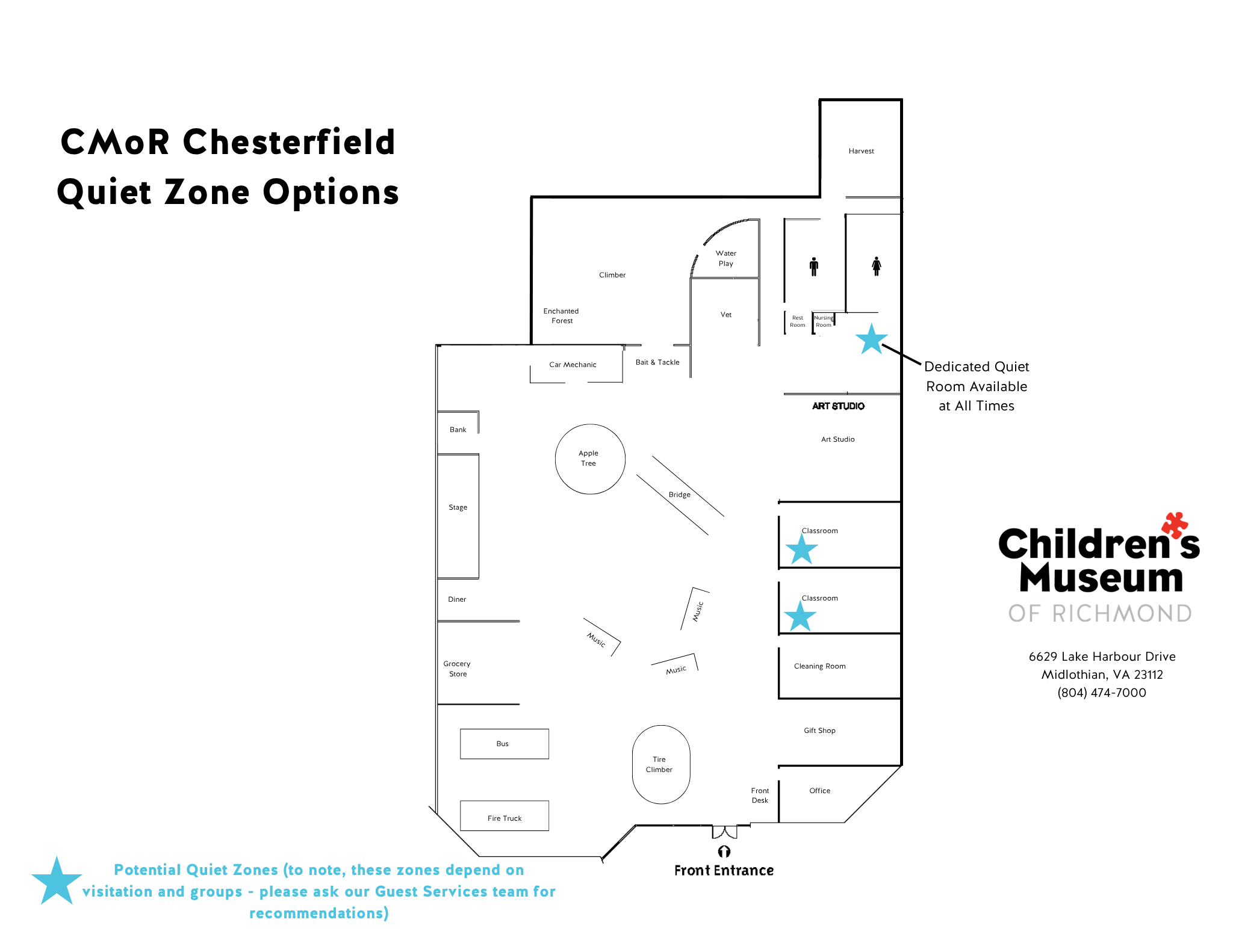 CMoR Chesterfield Quiet Zone Options map for accessibility and inclusivity, showing potential quiet areas downtown.