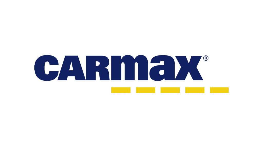 CarMax logo displayed in blue text with a yellow dashed line underneath against a solid black background.