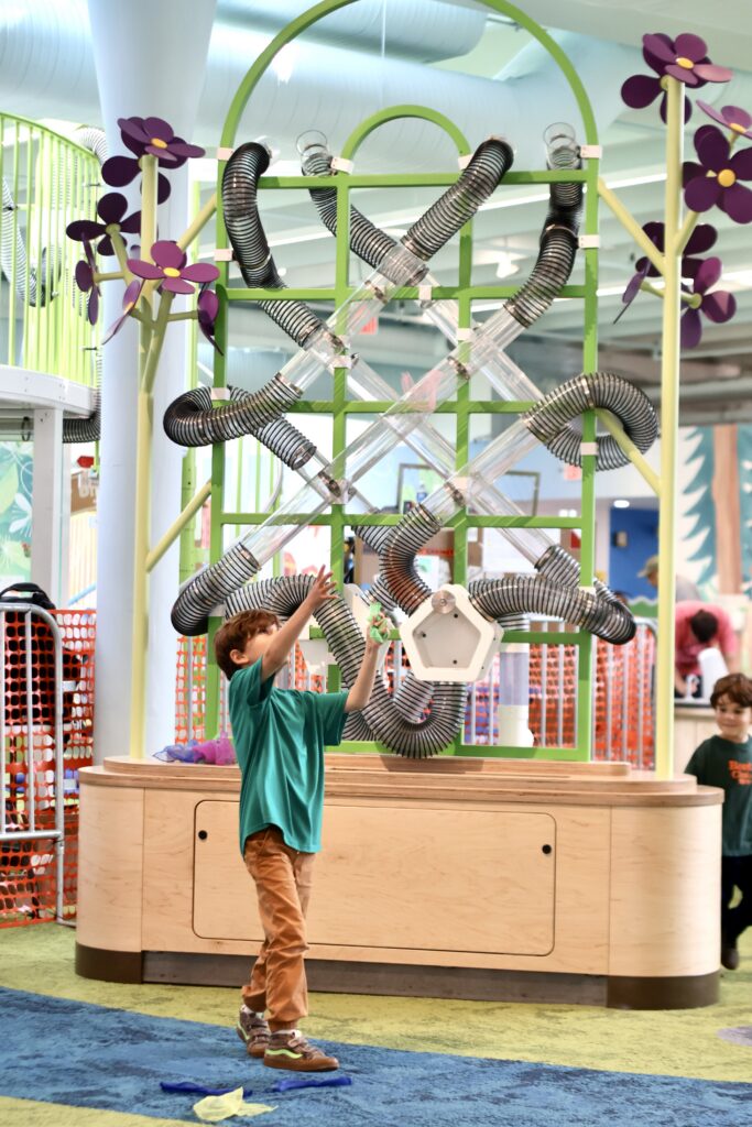 Boy in a green shirt places a fabric scarf into a clear tube system built into a trellis structure with purple flowers.