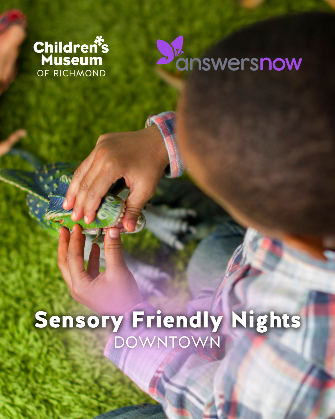 Child playing with a green dinosaur toy on a green carpet at a Sensory Friendly Nights Downtown event.