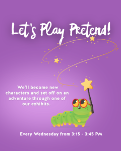 Green caterpillar wearing red glasses holds a star-topped magic wand on a purple background with Let's Play Pretend text.