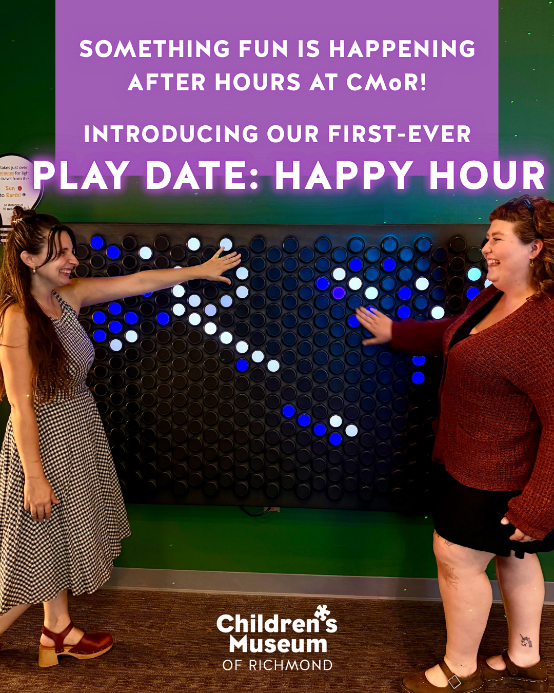 Two women laugh while interacting with a large LED dot wall at the Children's Museum of Richmond Play Date: Happy Hour.
