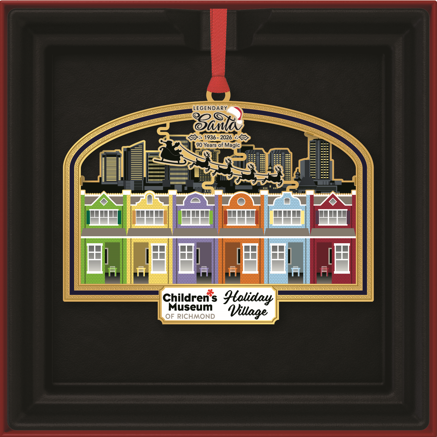 Gold 2026 Legendary Santa ornament showing sleigh over Richmond skyline and colorful Holiday Village row houses.