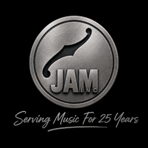 Metallic circular JAM INC logo with a violin f-hole cutout and the script text Serving Music For 25 Years below.