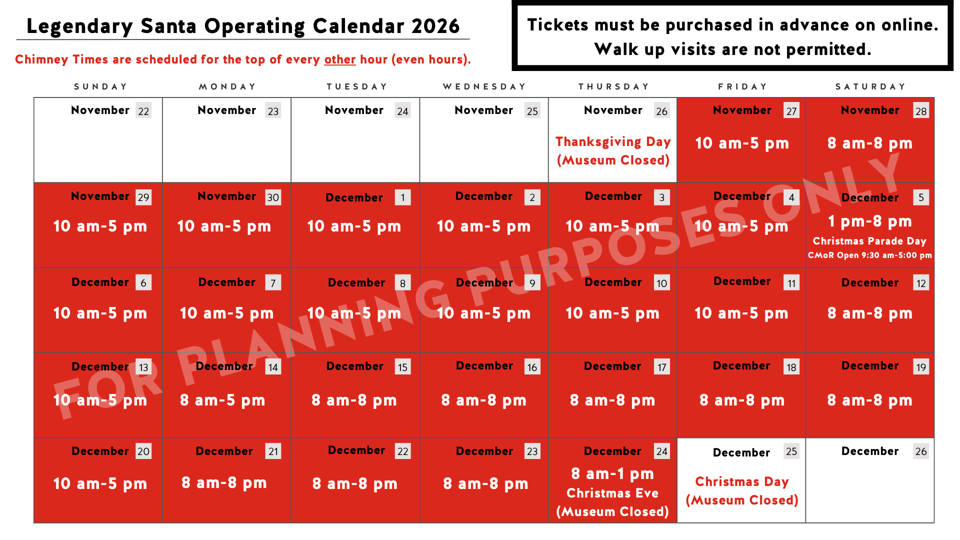 Legendary Santa 2026 operating schedule showing daily visiting hours from late November through Christmas Eve.