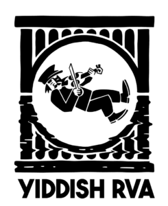 Stylized black and white logo featuring a violinist performing inside a bridge arch with the text YIDDISH RVA below.