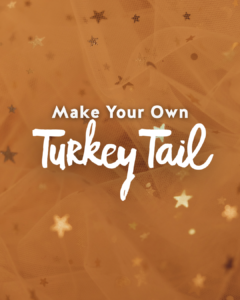 White text reads Make Your Own Turkey Tail over sheer orange star-patterned tulle.