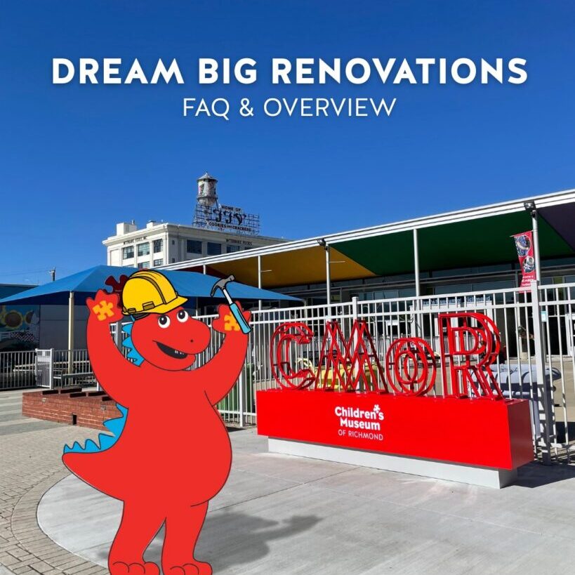 Downtown Renovations at the Children's Museum of Richmond, featuring a cartoon dinosaur construction worker.