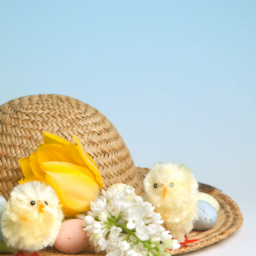Make Your Own Easter Bonnet! Straw hat with chicks, eggs, and flowers for a fun craft event.