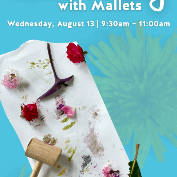 Flower printing with mallets. Flowers and leaves on paper with mallet. Downtown event.