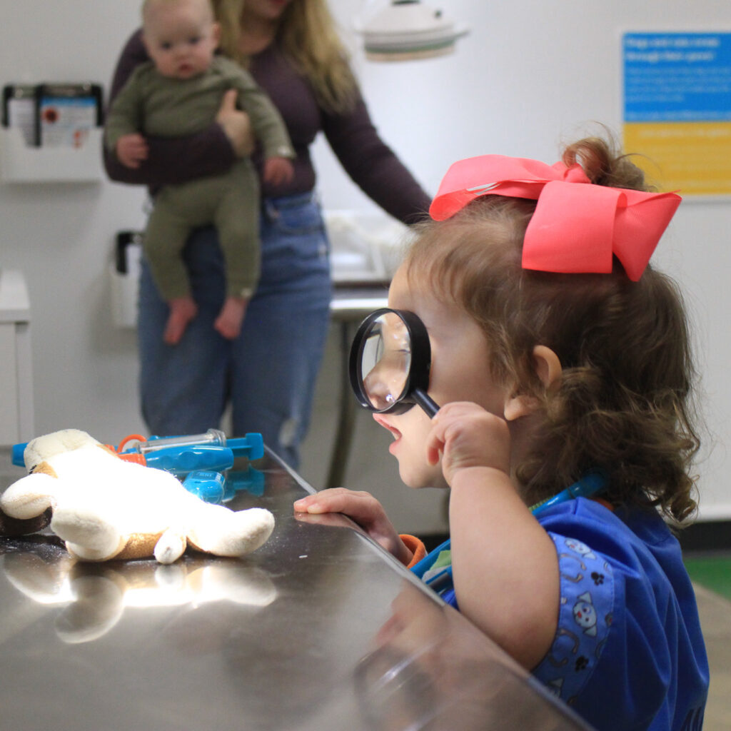 Child vet using magnifier on toy dog at CareMoR Vet Clinic. Baby and parent in background.