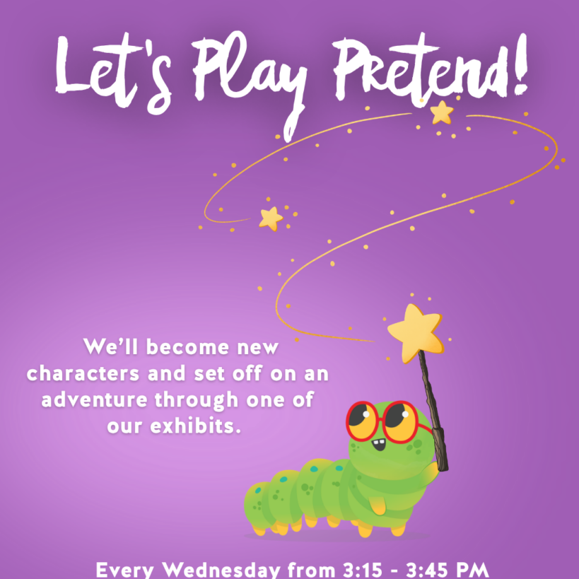 Green caterpillar wearing red glasses holds a star-topped magic wand on a purple background with Let's Play Pretend text.
