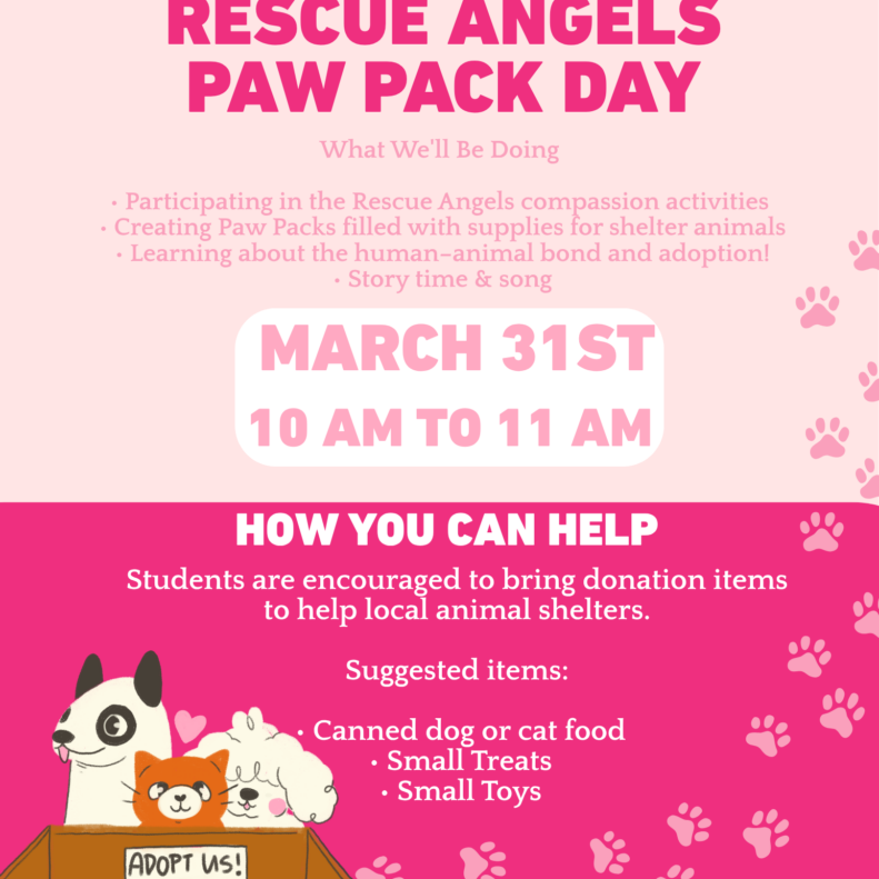 Rescue Angels Paw Pack Day flyer: Animals in a box, dog, cat adoption event. Help local animal shelters, March 31st downtown.