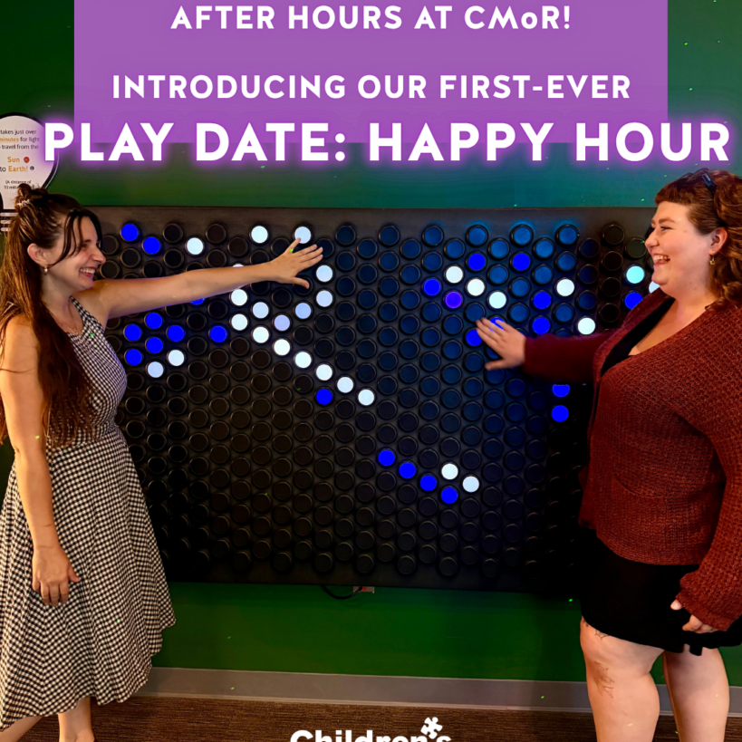 Two women laugh while interacting with a large LED dot wall at the Children's Museum of Richmond Play Date: Happy Hour.