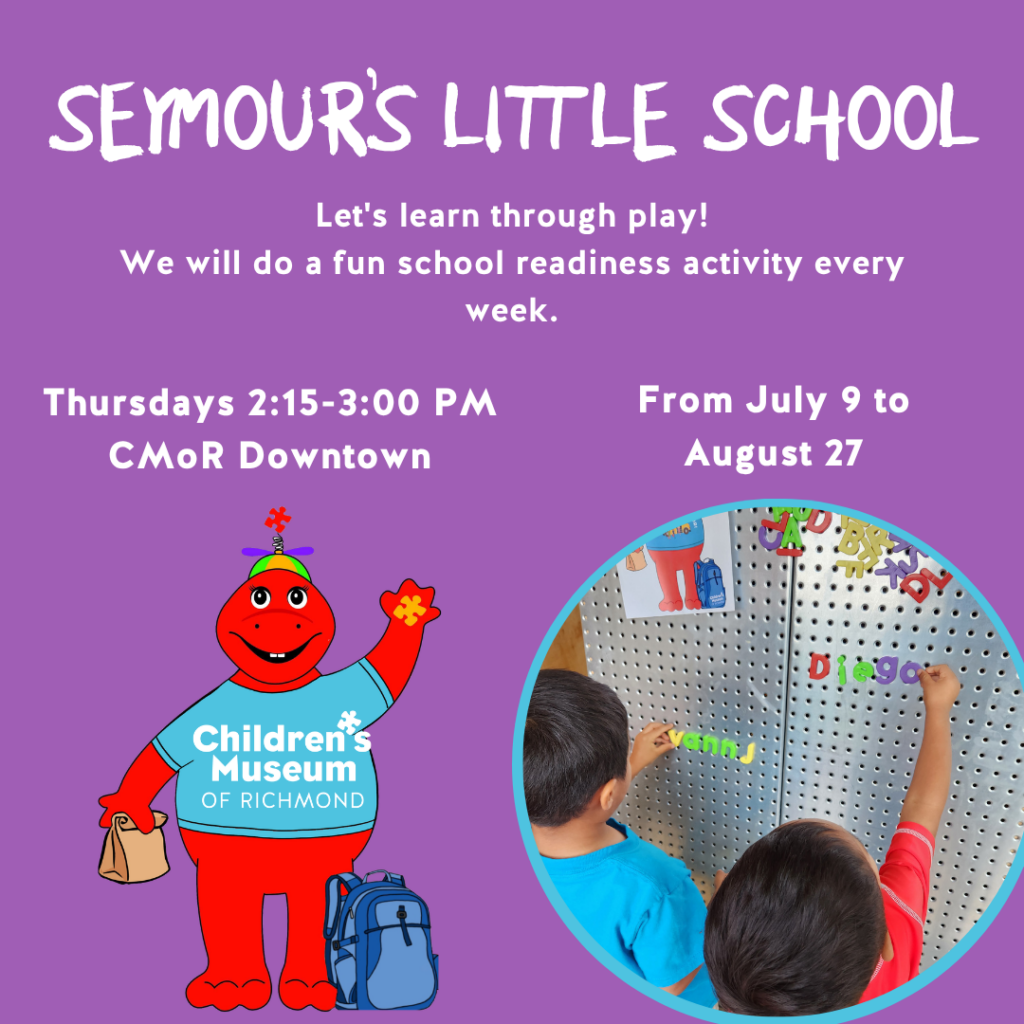 Seymour's Little School flyer for CMoR Downtown featuring a red mascot and two children playing with magnetic letters.