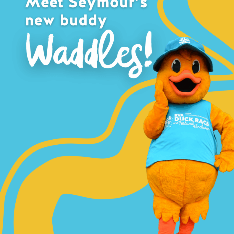 Meet Seymour's new buddy, Waddles! Mascot of the RVA Duck Race and Festival of Inclusion. Orange duck with blue hat and shirt.
