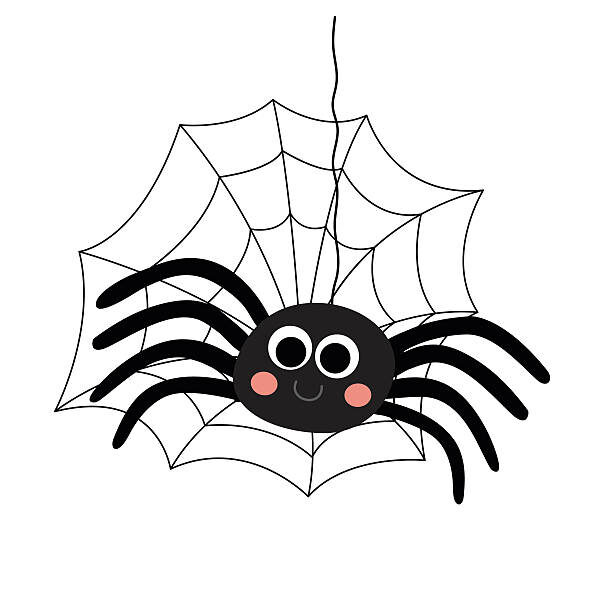 Black Spider with spider web animal cartoon character. Isolated on white background. Vector illustration.